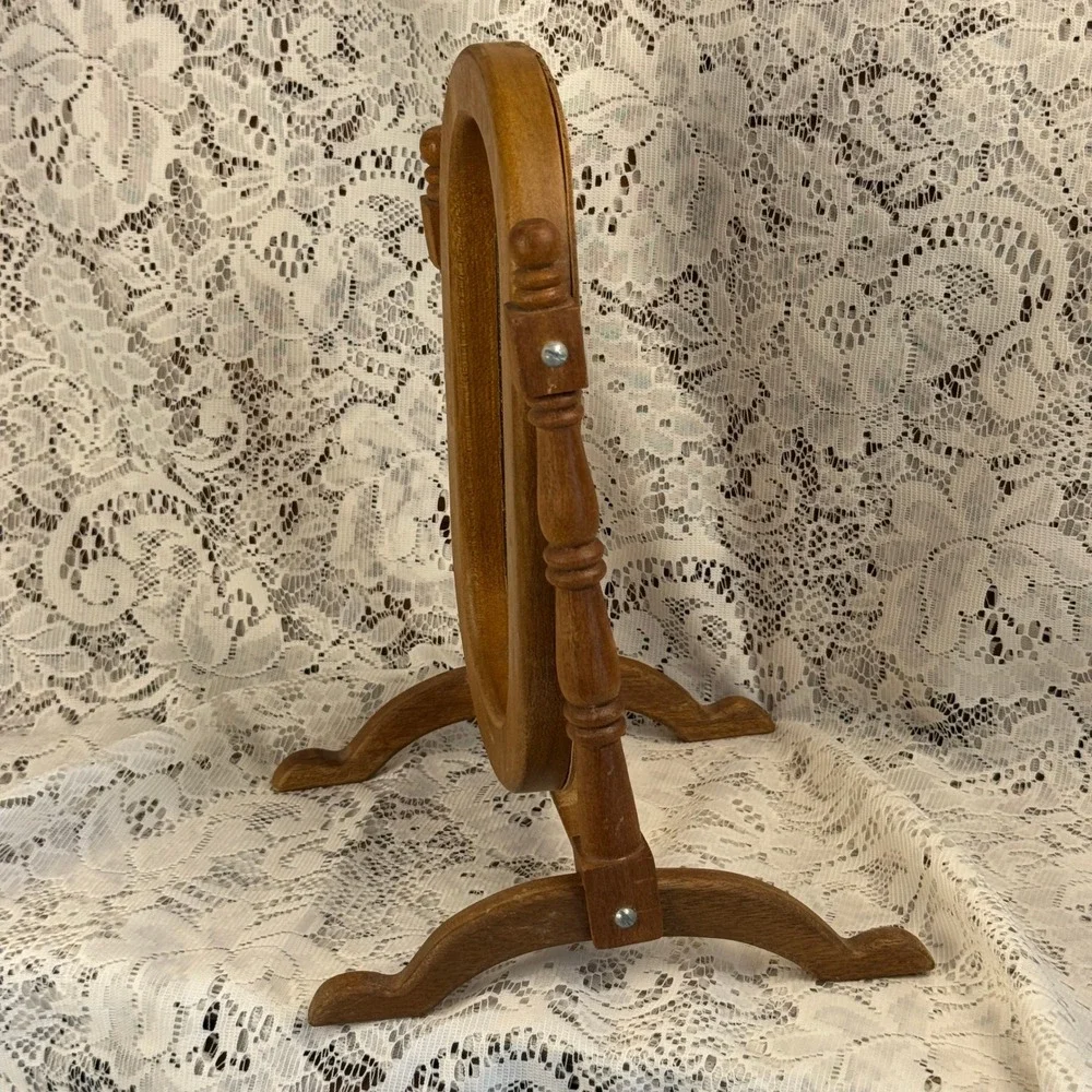 Vintage Wood Swivel Vanity Mirror Oval Tabletop Cheval Spindle Frame Farmhouse
